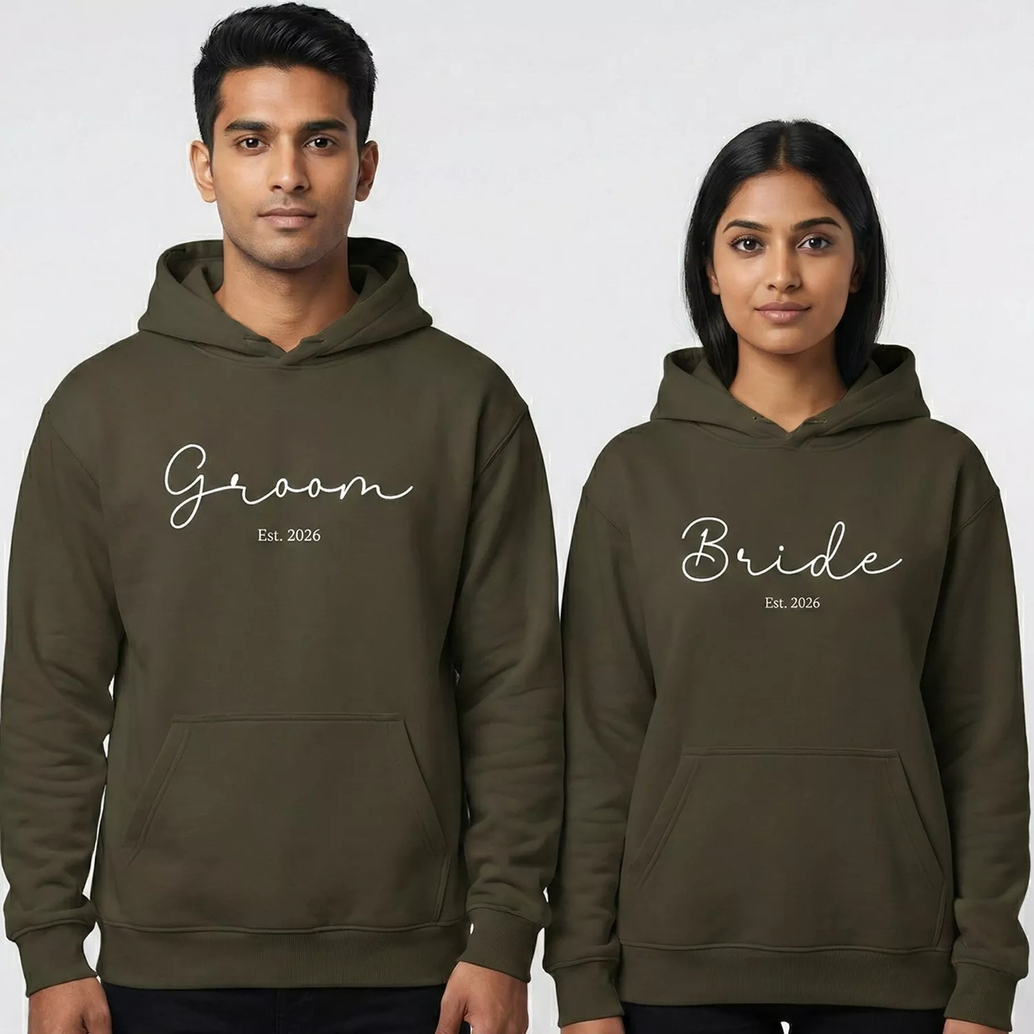 Custom Bride and Groom hoodies in olive green with “Est. 2026” personalized print for couples.