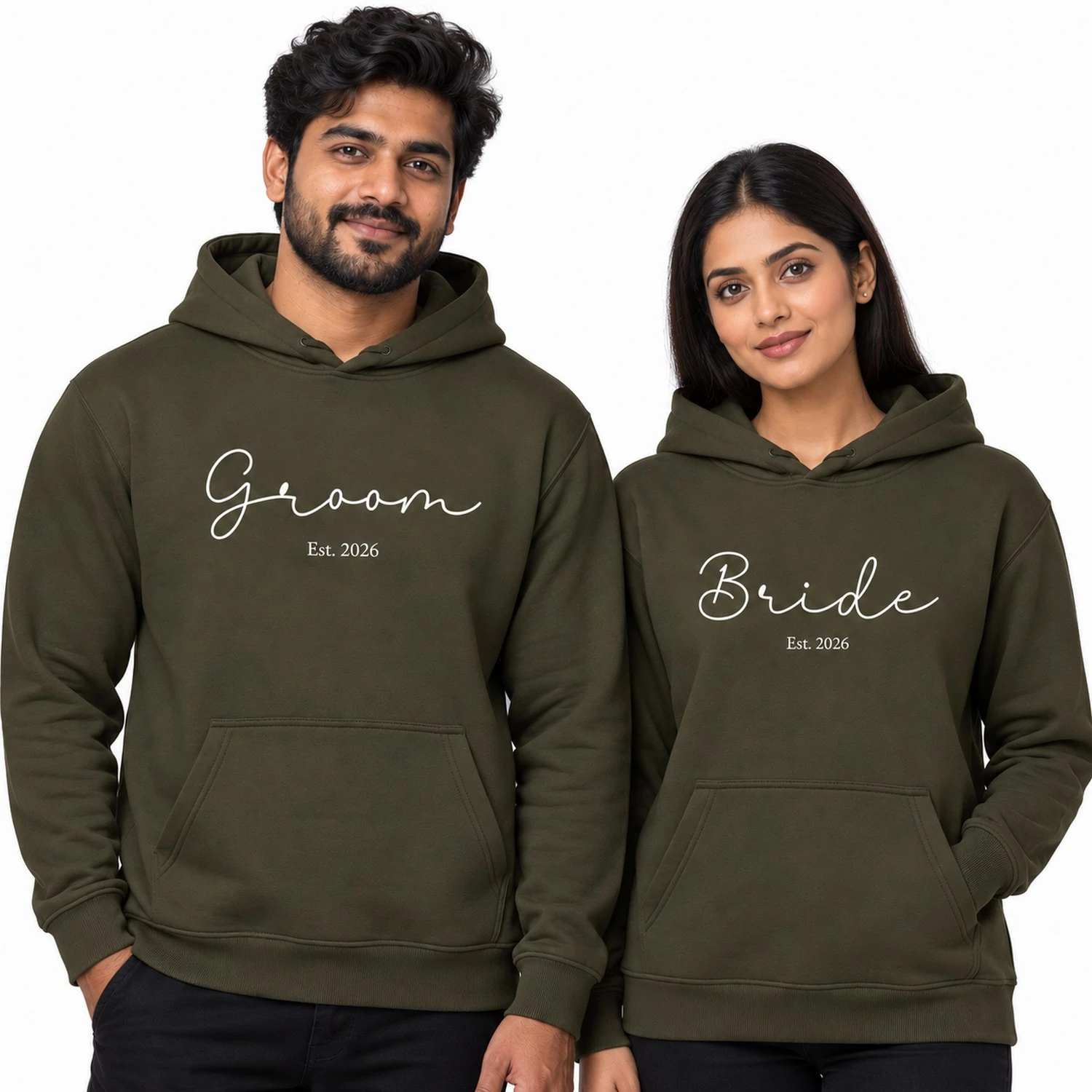 Custom Bride and Groom hoodies in olive green with “Est. 2026” personalized print for couples.