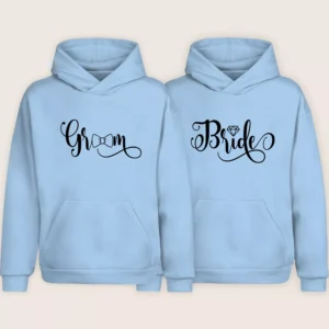 Light blue bride and groom matching couple hoodies with elegant printed text design