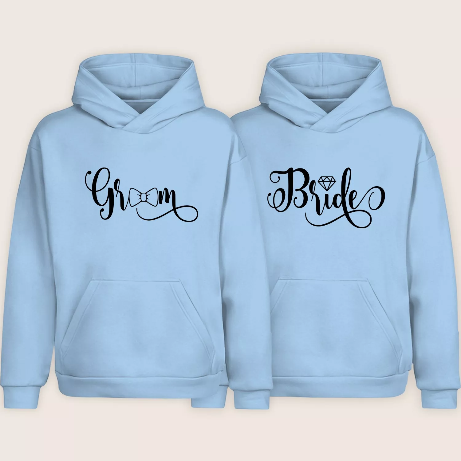 Light blue bride and groom matching couple hoodies with elegant printed text design