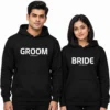 Bride and groom matching black hoodies with custom date printed for pre-wedding photoshoot.