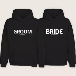 Black bride and groom matching hoodies with customizable date printed for couples.