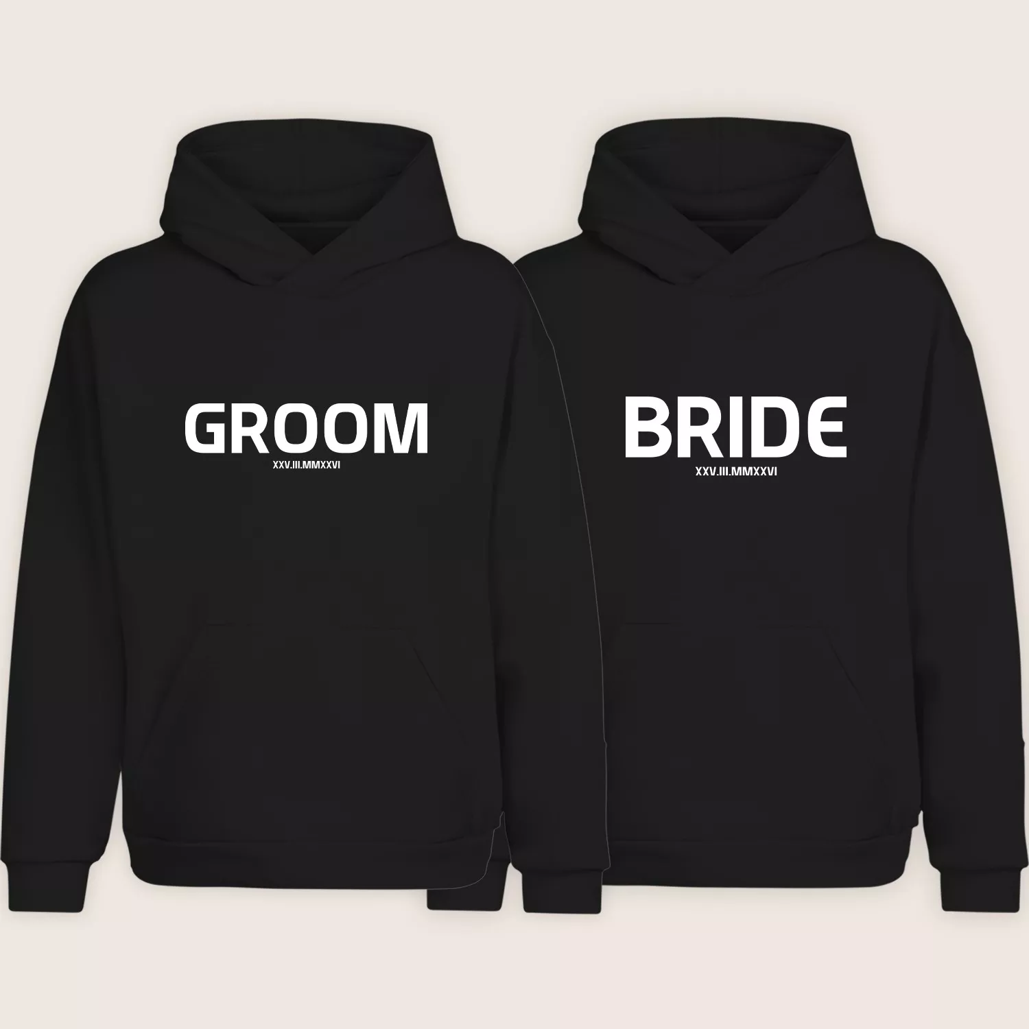 Black bride and groom matching hoodies with customizable date printed for couples.