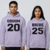 Bride and Groom matching hoodies with custom numbers printed on lavender couple hoodie set
