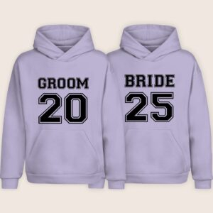 Bride and Groom matching lavender hoodies with custom numbers 20 and 25 printed on the front