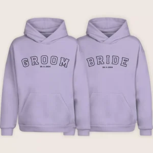 Lavender Bride and Groom matching hoodies with custom printed wedding date