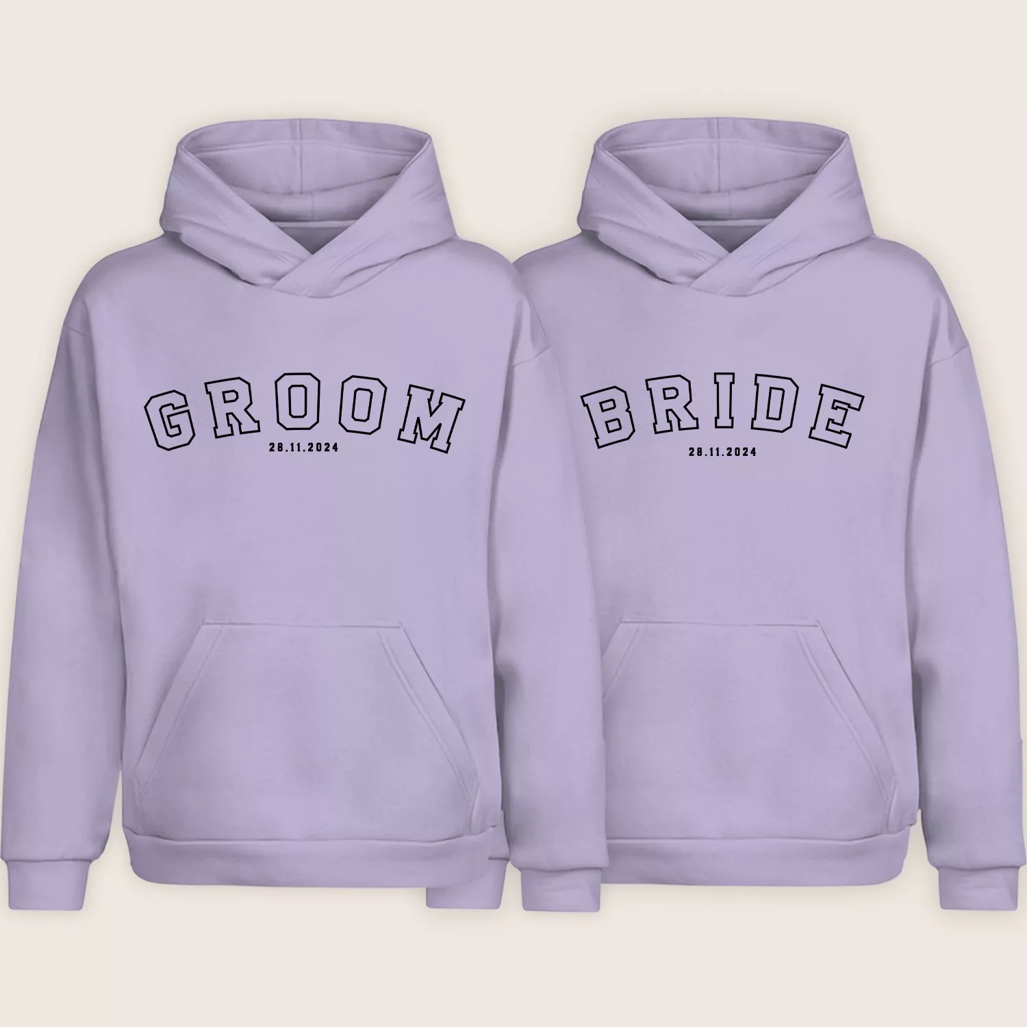Lavender Bride and Groom matching hoodies with custom printed wedding date