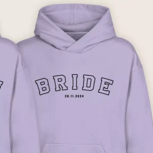 Close-up of lavender Bride hoodie with custom printed wedding date