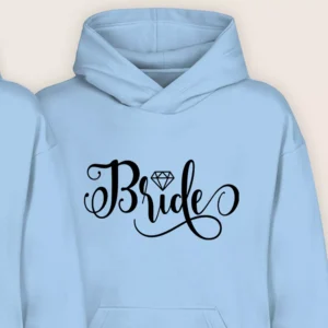 Light blue Bride hoodie with diamond ring printed design for wedding couple set