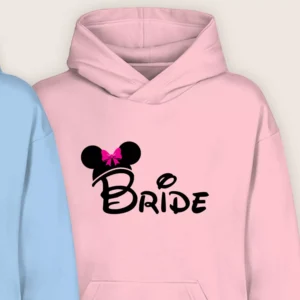 Close-up of pink Bride hoodie with cute bow design for wedding couples