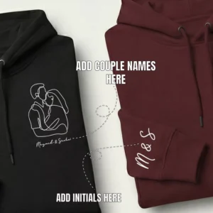 Instructional image showing where to add couple names and sleeve initials on personalized couple hoodies