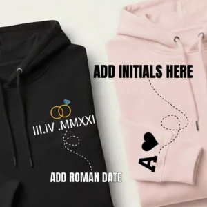 Customization guide showing where to add Roman date and initials on couple hoodies
