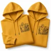 Mustard yellow couple hoodies with custom embroidered line art portrait and personalized date