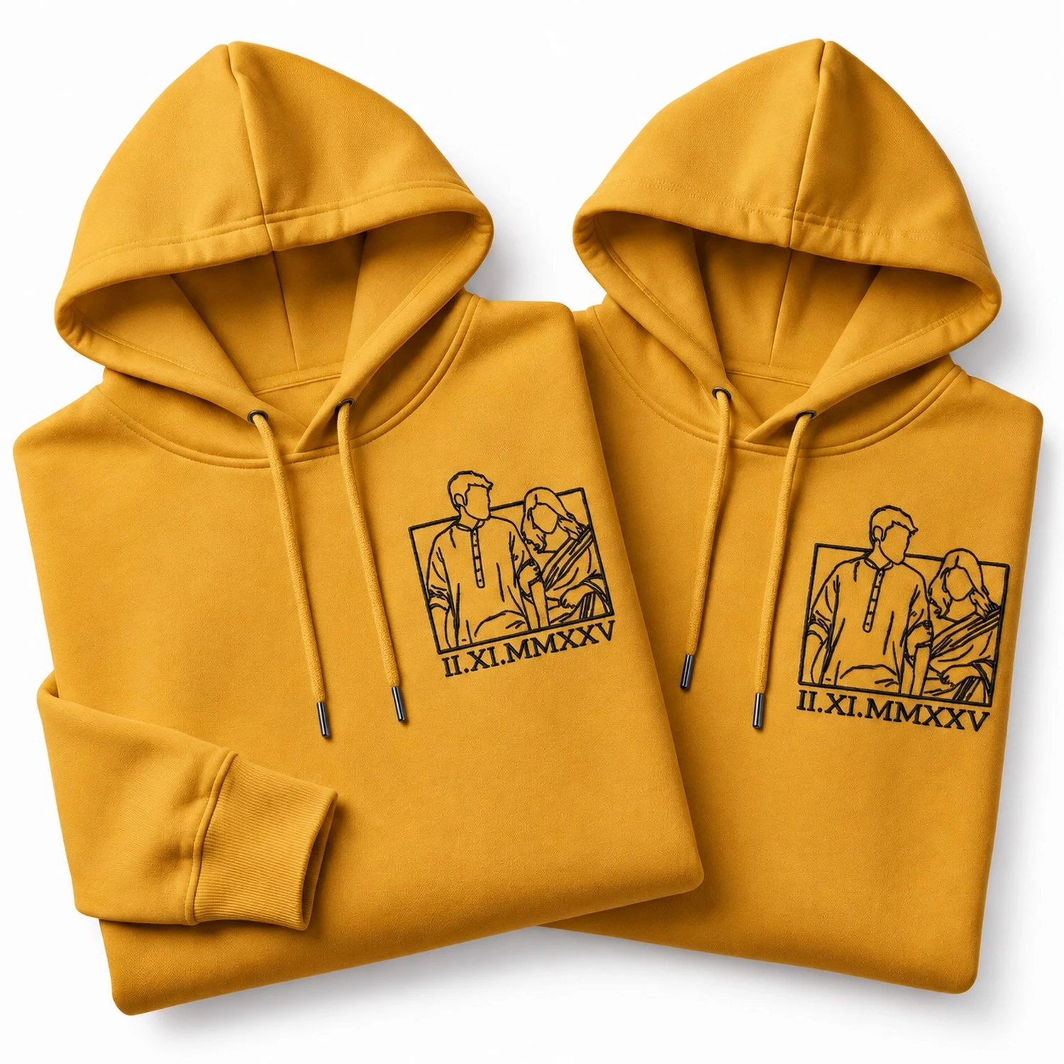 Mustard yellow couple hoodies with custom embroidered line art portrait and personalized date