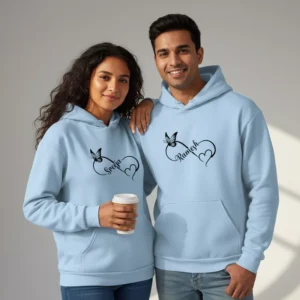 Personalized couple hoodies with custom name in a matching heart and butterfly design