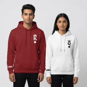 Couple wearing personalized king and queen crown design hoodies with sleeve initials