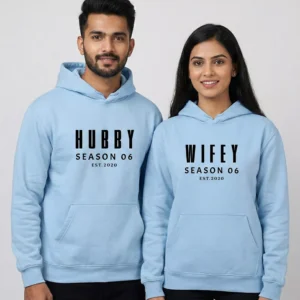 Couple wearing light blue personalized 6th anniversary couple hoodies with Hubby and Wifey print.
