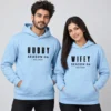 Personalized anniversary couple hoodies in baby blue with Hubby Wifey Season 06 and EST 2020 matching design