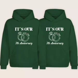 Green matching 7th anniversary couple hoodies with personalized names and ring design