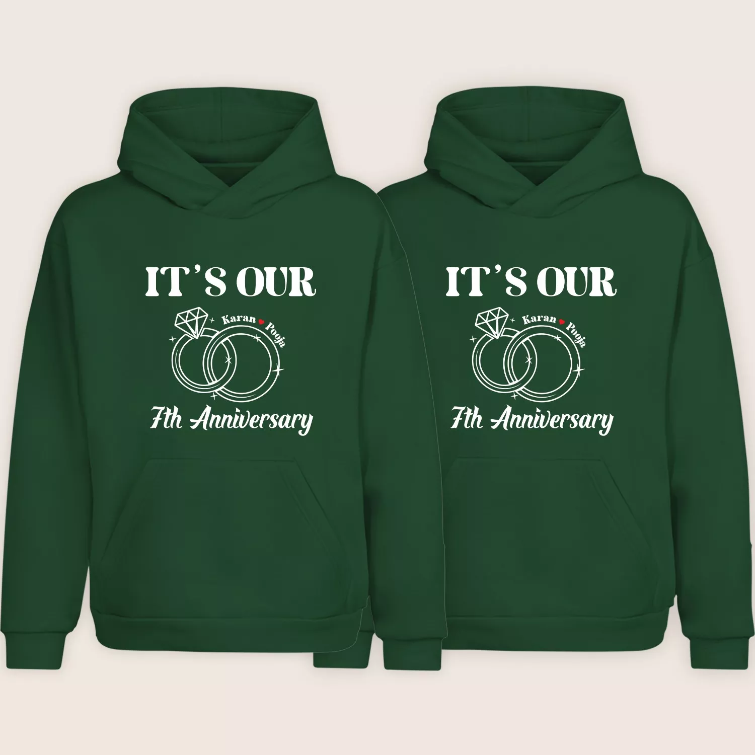 Green matching 7th anniversary couple hoodies with personalized names and ring design