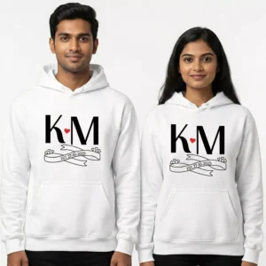 Personalized alphabet initials custom couple hoodies with KM design and established date printed on white hoodies for couples.