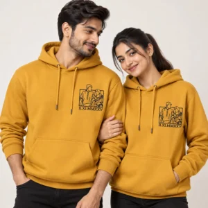 Mustard matching couple hoodies with custom embroidered line art portrait and personalized date
