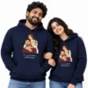 Personalized navy blue couple hoodies with custom vector portrait art and romantic quote
