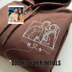 Personalized couple photo line-art embroidered hoodie showing how initials can be added