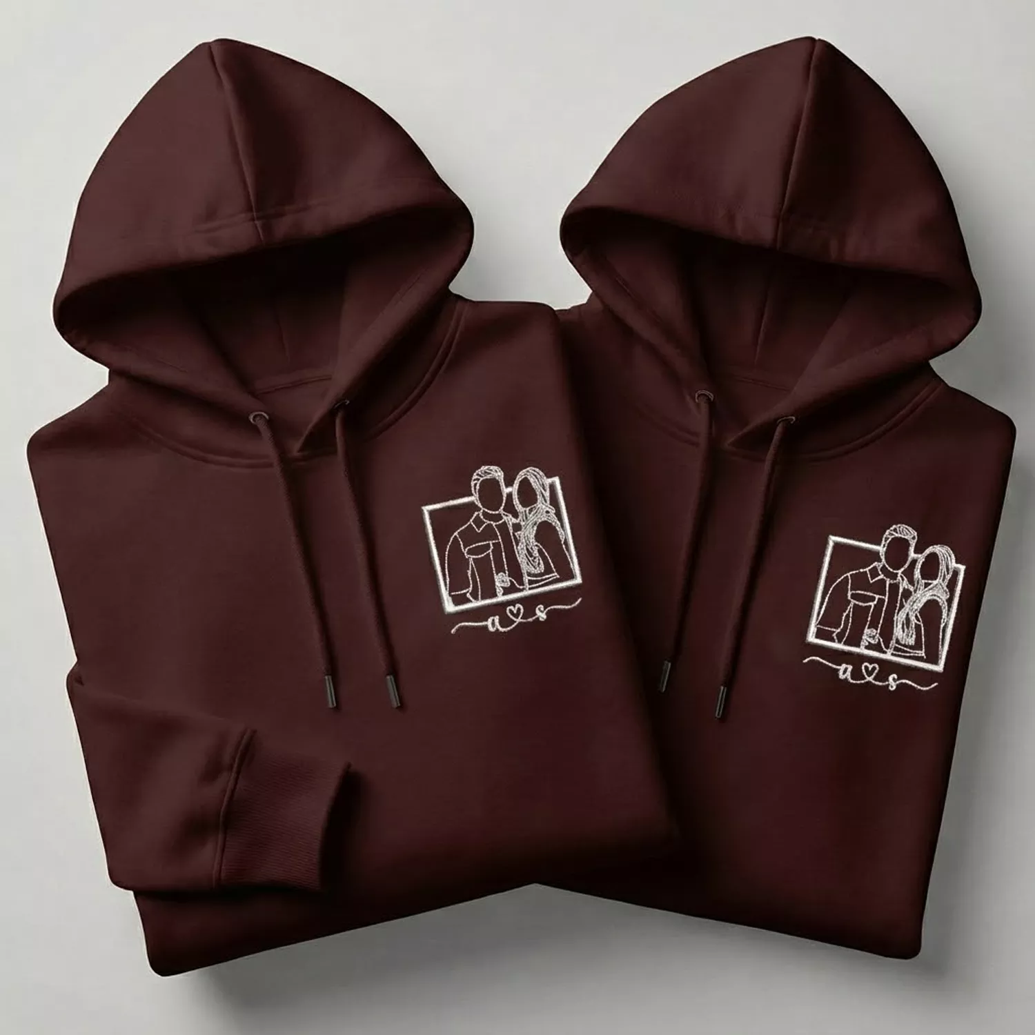 Maroon custom Embroidered Couple Photo Line Art Hoodies with white line-art portrait design