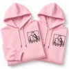 Baby pink personalized couple hoodies with embroidered line art portrait and love message