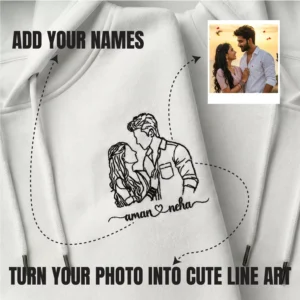 Guide showing how a couple’s photo is turned into custom line-art embroidery with personalized names on white hoodies