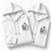 Personalized white couple hoodies with embroidered line art portrait and Aman Neha names