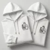 Custom line art embroidered couple hoodies with personalized portrait and names on white cotton hoodies