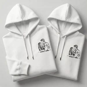 Custom line art embroidered couple hoodies with personalized portrait and names on white cotton hoodies