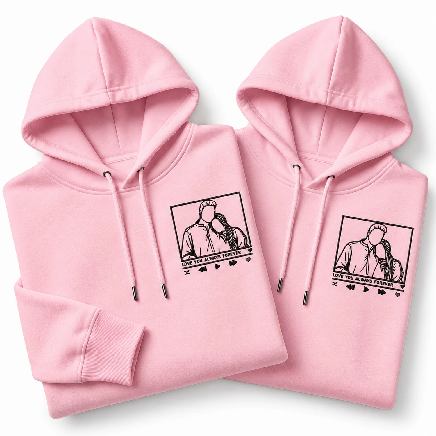 Baby pink personalized couple hoodies with embroidered line art portrait and love message