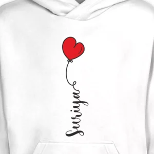 Closeup view of personalized white hoodie with red heart balloon and custom name print