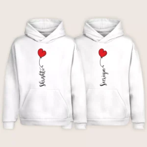 Matching white couple hoodies with personalized names and red heart balloon print
