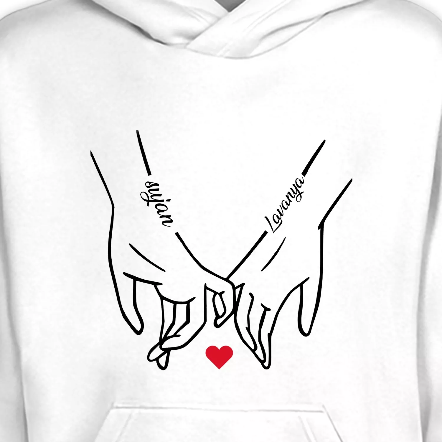 Close-up of custom name initial couple hoodie with hand-holding artwork and red heart design