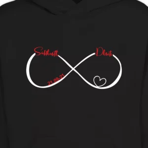 Close-up of custom name split design couple hoodie with infinity heart and personalized names