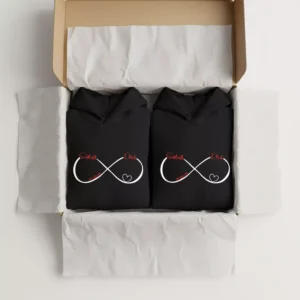 Pair of custom name split design couple hoodies in a gift box with infinity heart print and personalized names