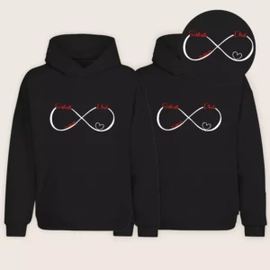 Custom name split design couple hoodies in black with infinity heart print and personalized names