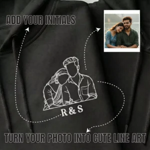 Custom couple hoodie showing photo-to-line-art embroidery with option to add initials and personalized design