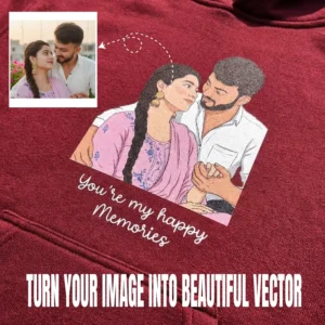 Example of custom photo turned into vector art printed on a maroon couple hoodie