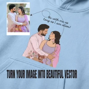 Custom photo to vector-art illustration preview on a blue personalized couple hoodie showcasing transformation from photo to artwork