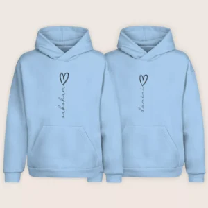 Light blue custom printed name couple hoodies with heart design – personalized romantic matching pair for couples