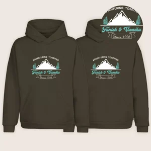 Matching custom script name couple hoodies with personalized mountain adventure print and name customization for couples.