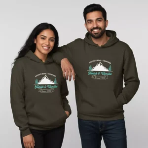 Personalized custom script name couple hoodies for couples with stylish mountain adventure print and names customization.