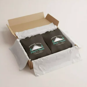 Personalized custom script name couple hoodies packed in a premium gift box, featuring matching adventure mountain design.
