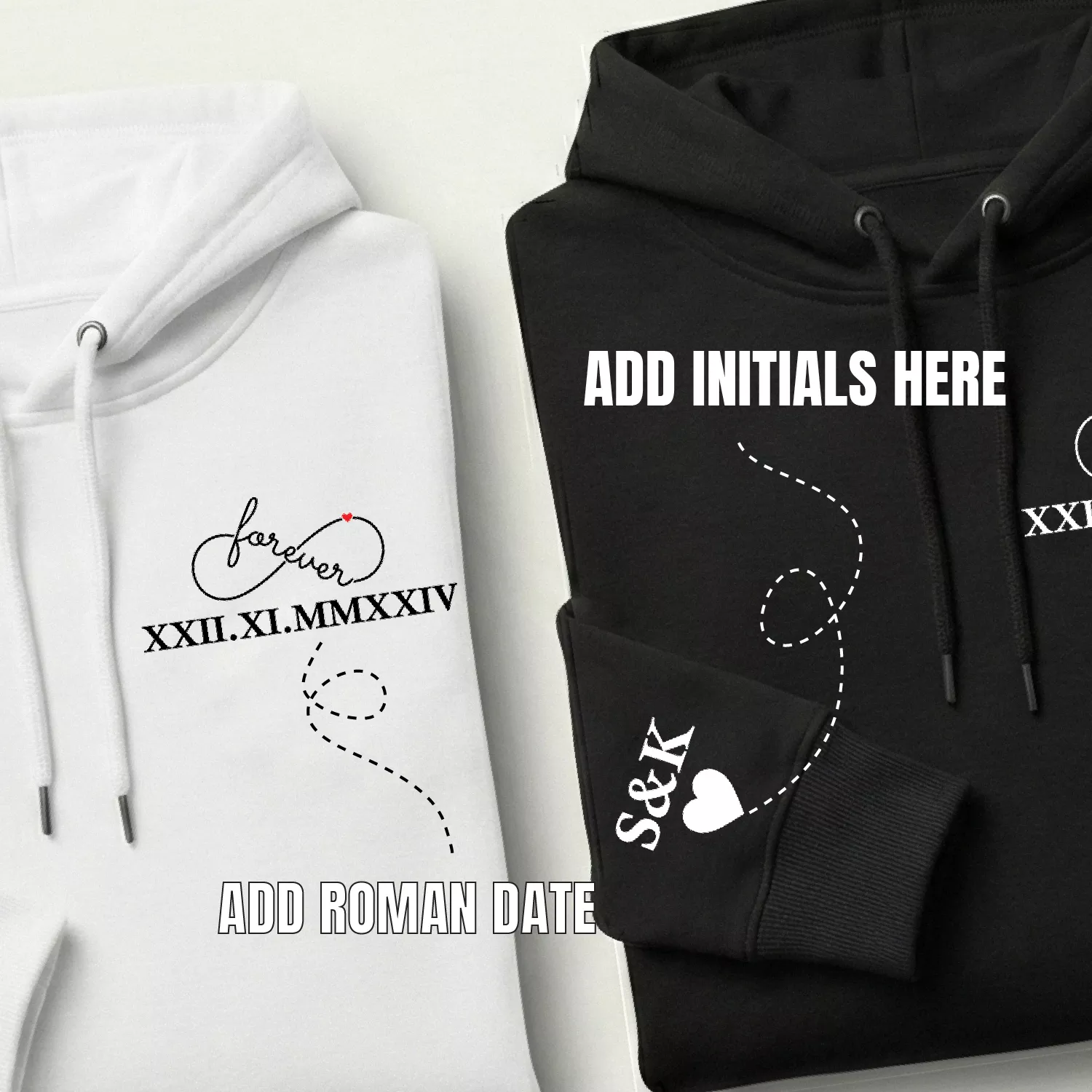 Personalized couple hoodies showing custom sleeve initials and Roman date print on black and white hoodies