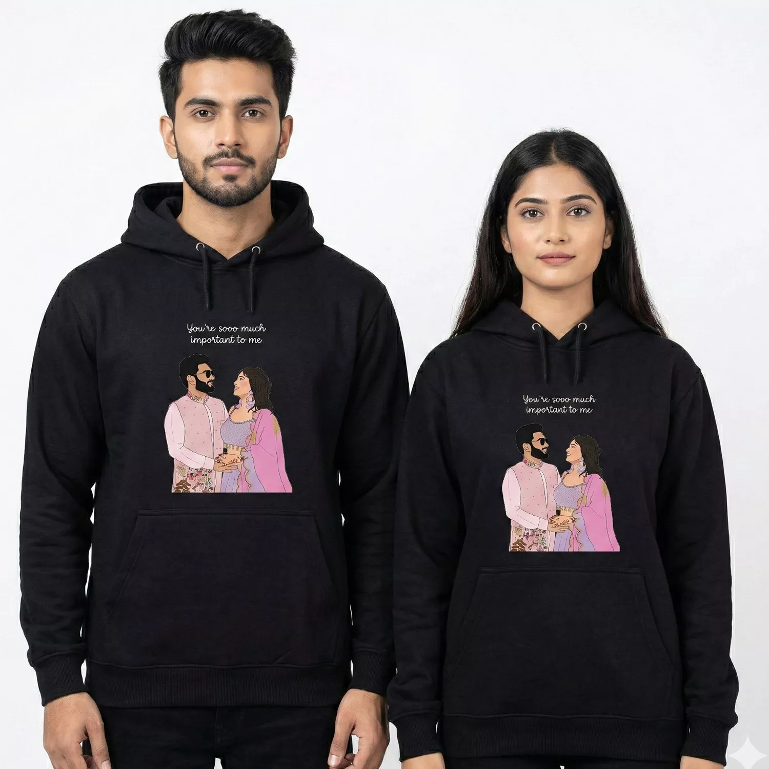 Custom vector portrait anniversary couple hoodies in black with personalized illustrated photo design